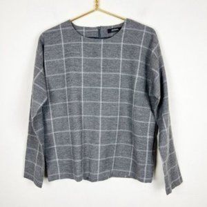 Alpha Studio Round Neck Windowpane Plaid Long Sleeve Top Gray Size IT 42 US M
